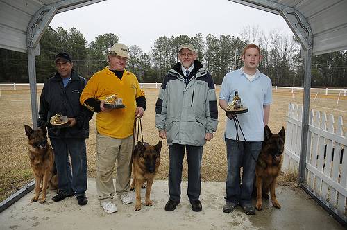 Working male class:  Andrew with the 3rd place, Jeff and Luger 2nd place, Dieter, and 1st place is a new dog new to the USA owned by Wendy Fields and Martha Hunt, managed by Jochen